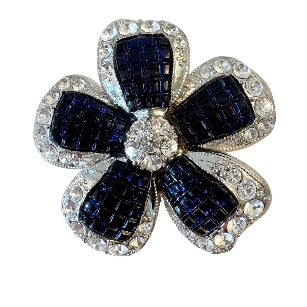 Vintage Avon Sapphire Blue Waffle Lucite Rhinestone Flower Brooch Pin Nina Ricci